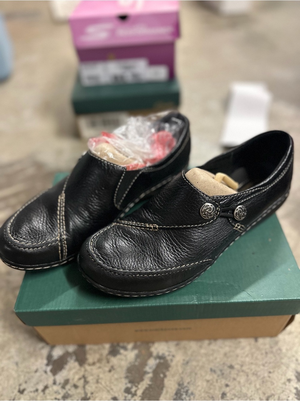 Clarks Black Leather Slip-On Loafers with Decorative Buttons